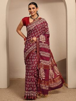 Libas - Burgundy Floral Printed Saree With Unstitched Blouse