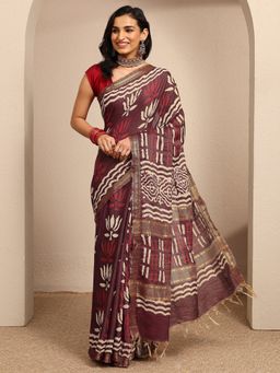 Libas - Maroon Floral Printed Saree With Unstitched Blouse