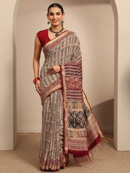 Libas - Beige Floral Printed Saree With Unstitched Blouse