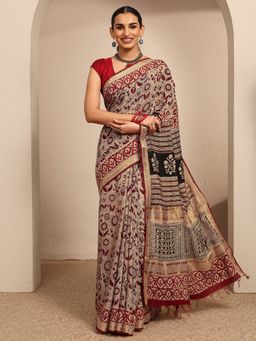 Libas - Beige Floral Printed Saree With Unstitched Blouse