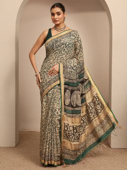 Libas - Beige Floral Printed Saree With Unstitched Blouse