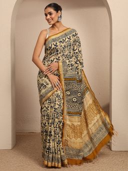 Libas - Beige Tribal Printed Saree With Unstitched Blouse