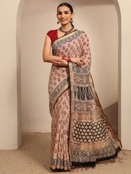 Libas - Beige Ethnic Motif Printed Saree With Unstitched Blouse