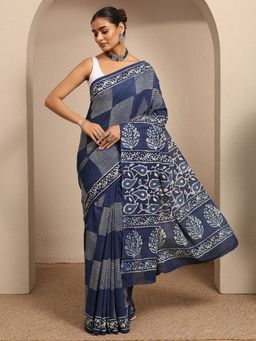 Libas - Blue Geometric Printed Saree With Unstitched Blouse