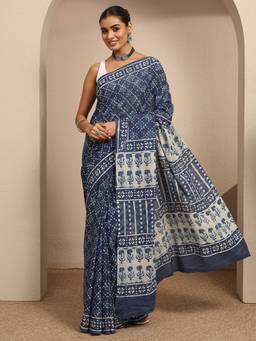 Libas - Blue Floral Printed Saree With Unstitched Blouse