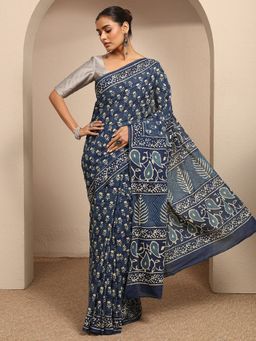 Libas - Blue Floral Printed Saree With Unstitched Blouse