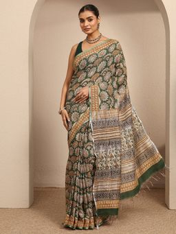 Libas - Green Floral Printed Saree With Unstitched Blouse