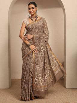Libas - Brown Floral Printed Saree With Unstitched Blouse