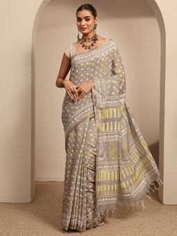 Libas - Grey Geometric Printed Saree With Unstitched Blouse