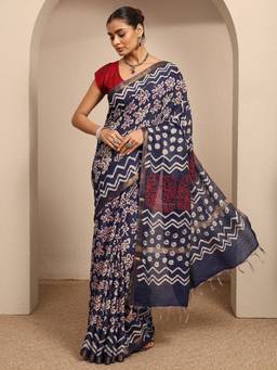 Libas - Blue Floral Printed Saree With Unstitched Blouse