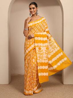 Libas - Yellow Floral Printed Saree With Unstitched Blouse