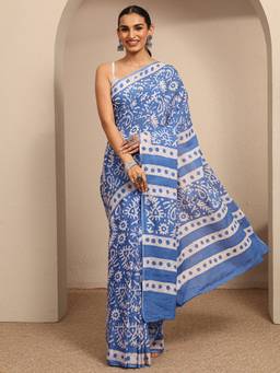 Libas - Blue Floral Printed Saree With Unstitched Blouse