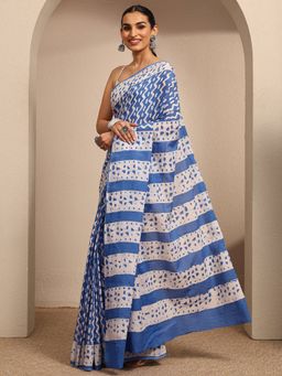 Libas - Blue Chevron Printed Saree With Unstitched Blouse