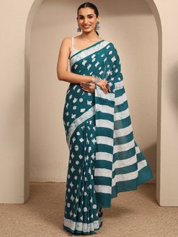 Libas - Blue Motifs Printed Saree With Unstitched Blouse