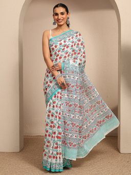 Libas - White Floral Printed Saree With Unstitched Blouse