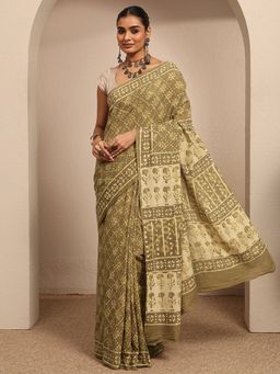 Libas - Green Floral Printed Saree With Unstitched Blouse