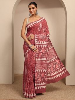 Libas - Brown Floral Printed Saree With Unstitched Blouse