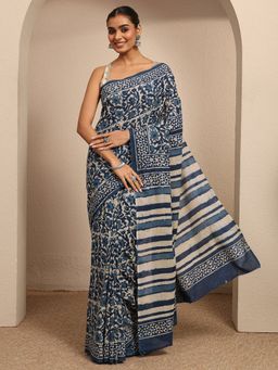 Libas - Blue Floral Motif Printed Saree With Unstitched Blouse