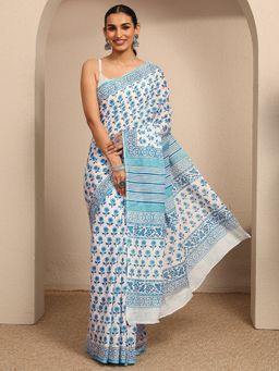 Libas - White Floral Printed Saree With Unstitched Blouse