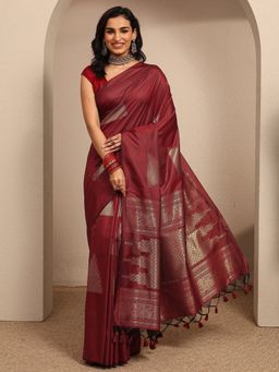 Libas - Maroon Solid Saree With Unstitched Blouse