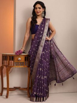 Libas - Purple Floral Motifs Printed Saree With Unstitched Blouse