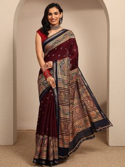Libas - Maroon Ethnic Motif Zari Saree With Unstitched Blouse