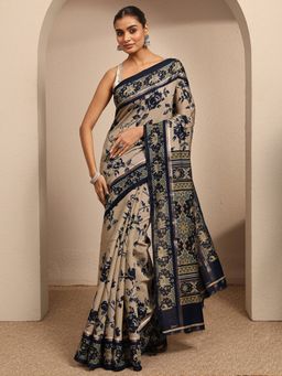 Libas - Beige Floral Printed Saree With Unstitched Blouse