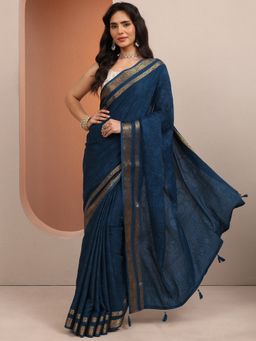 Libas - Navy Blue Floral Printed Saree With Unstitched Blouse