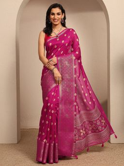 Libas - Pink Ethnic Motif Zari Saree With Unstitched Blouse