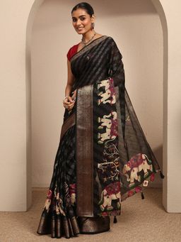 Libas - Black Floral Woven Design Saree With Unstitched Blouse