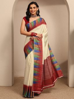 Libas - Cream Woven Design Saree With Unstitched Blouse