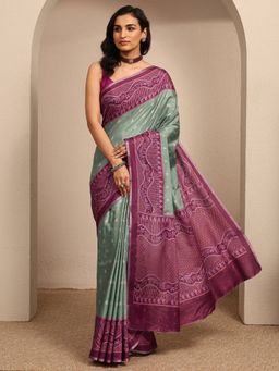 Libas - Green Motifs Printed Saree With Unstitched Blouse