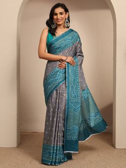 Libas - Grey Motifs Printed Saree With Unstitched Blouse