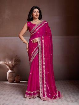 VAIRAGEE - Pink Frendy Chiffon Embroidery Saree With Unstitched Blouse