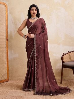 VAIRAGEE - Brown Rangoli Silk Embroidery Saree With Unstitched Blouse