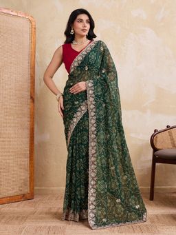 VAIRAGEE - Green Georgette Embroidery Saree With Unstitched Blouse