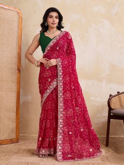 VAIRAGEE - Pink Georgette Embroidery Saree With Unstitched Blouse