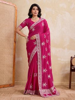 VAIRAGEE - Pink Teal Star Georgette Embroidery Saree With Unstitched Blouse