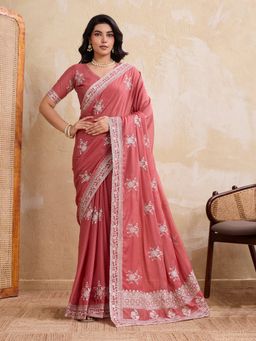 VAIRAGEE - Peach Teal Star Georgette Embroidery Saree With Unstitched Blouse