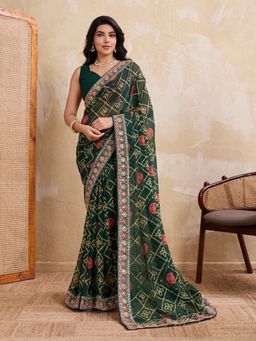VAIRAGEE - Green Georgette Printed Saree With Unstitched Blouse