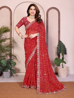 VAIRAGEE - Red Georgette Bandhani Printed Saree With Unstitched Blouse