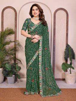 VAIRAGEE - Green Georgette Bandhani Printed Saree With Unstitched Blouse