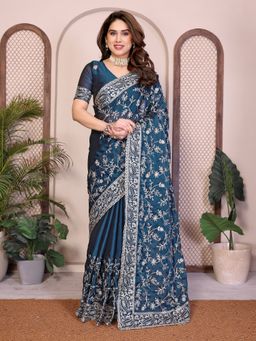 VAIRAGEE - Teal Rangoli Silk Embroidery Saree With Unstitched Blouse