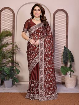 VAIRAGEE - Maroon Rangoli Silk Embroidery Saree With Unstitched Blouse