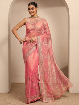 Libas - Peach Floral Zari Embroidered Saree With Unstitched Blouse