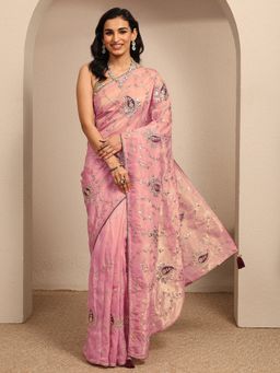 Libas - Lavender Floral Zari Embroidered Saree With Unstitched Blouse