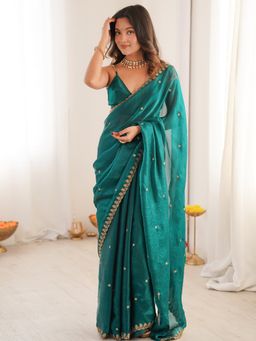 Sareemall - Women's Paper Silk Teal Blue Embellished Designer Saree With Unstitched Blouse