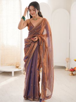 Sareemall - Women's Paper Silk Rose Gold Embellished Designer Saree With Unstitched Blouse