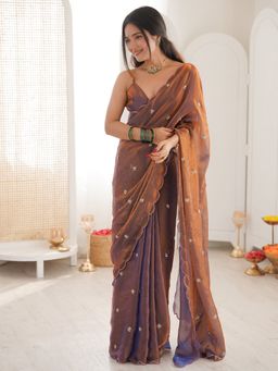 Sareemall - Women's Satin Silk Rose Gold Embellished Designer Saree With Unstitched Blouse