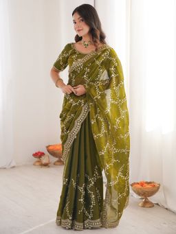Sareemall - Women's Satin Olive Embellished Designer Saree With Unstitched Blouse